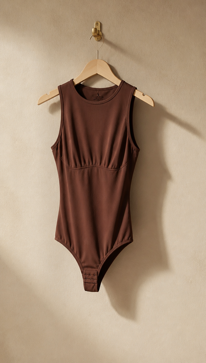 Body gainant ONDÏA ELISE chocolat sur cintre, maille souple sans coutures apparentes