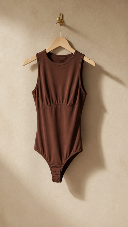 Body gainant ONDÏA ELISE chocolat sur cintre, maille souple sans coutures apparentes
